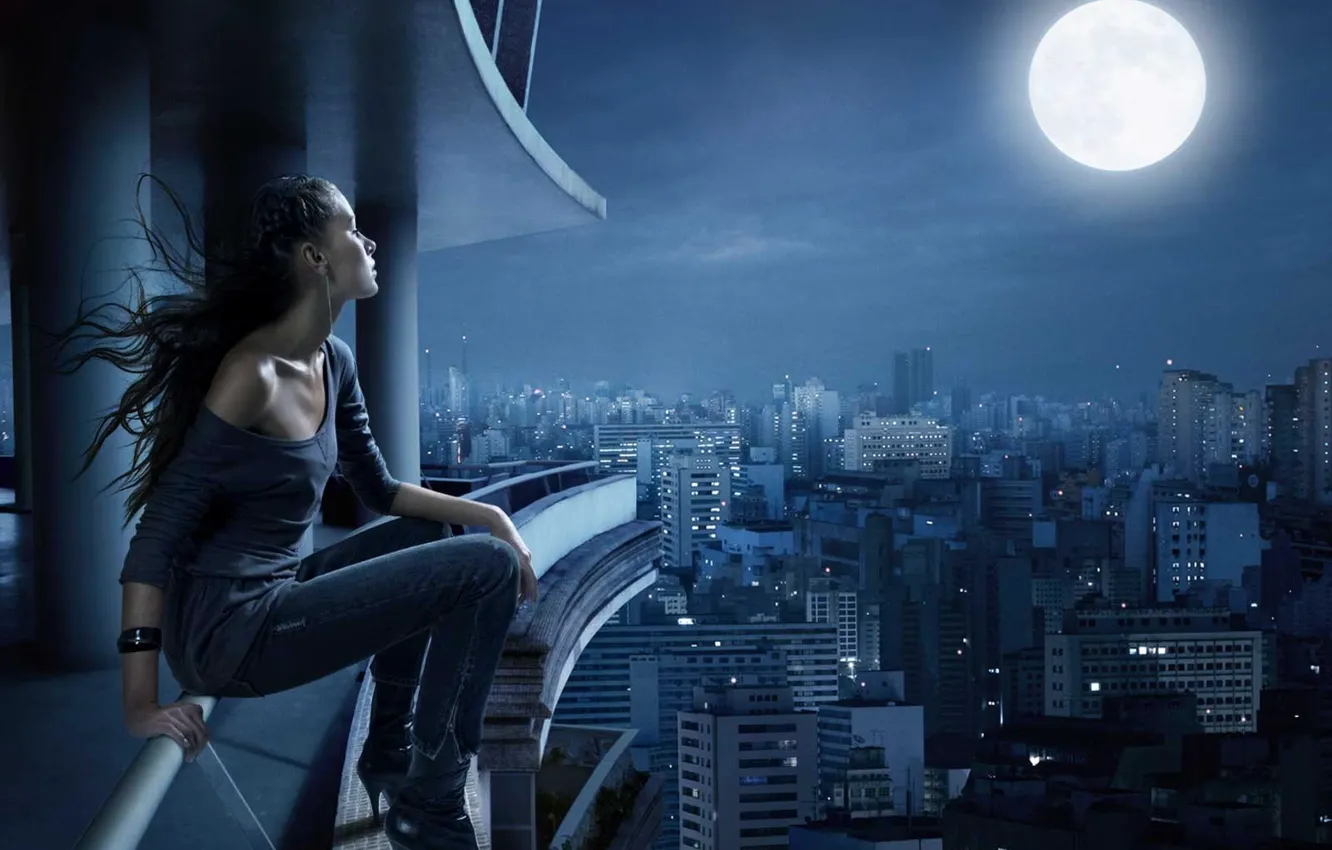 Photo wallpaper sadness, dream, night, the city, loneliness, the moon, silence