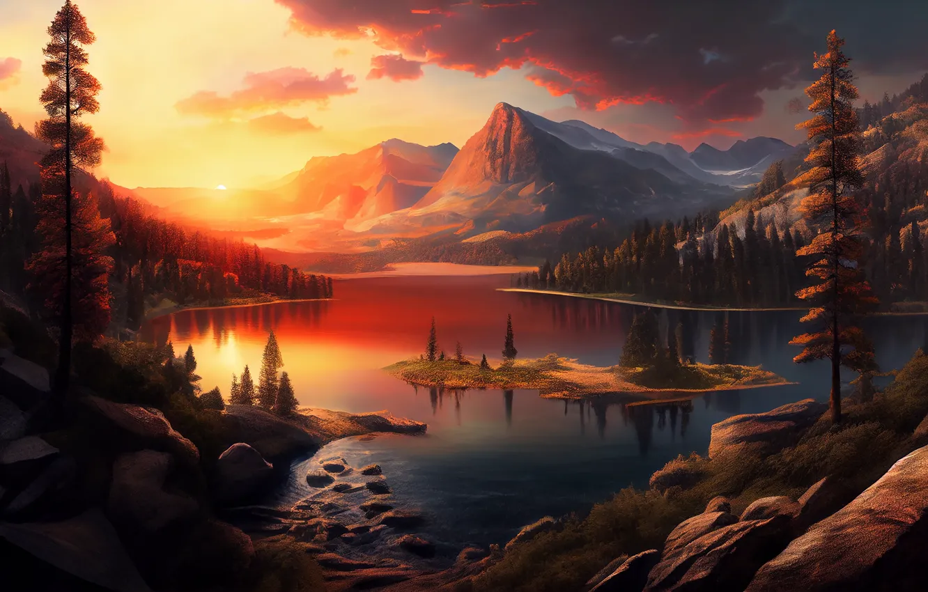 Photo wallpaper autumn, forest, the sun, trees, sunset, mountains, fog, lake