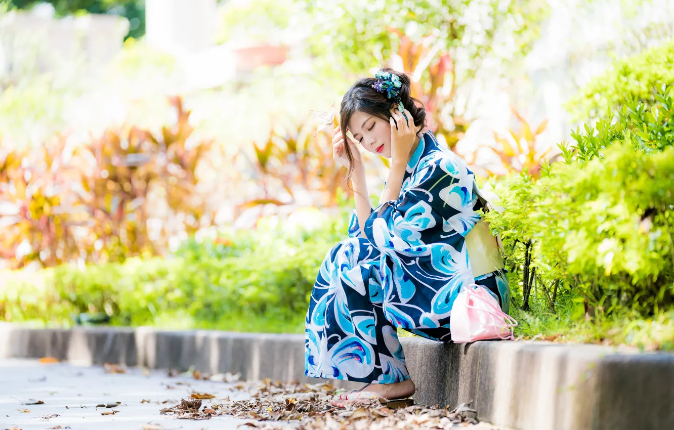 Photo wallpaper girl, pose, kimono, Asian, cutie, bokeh
