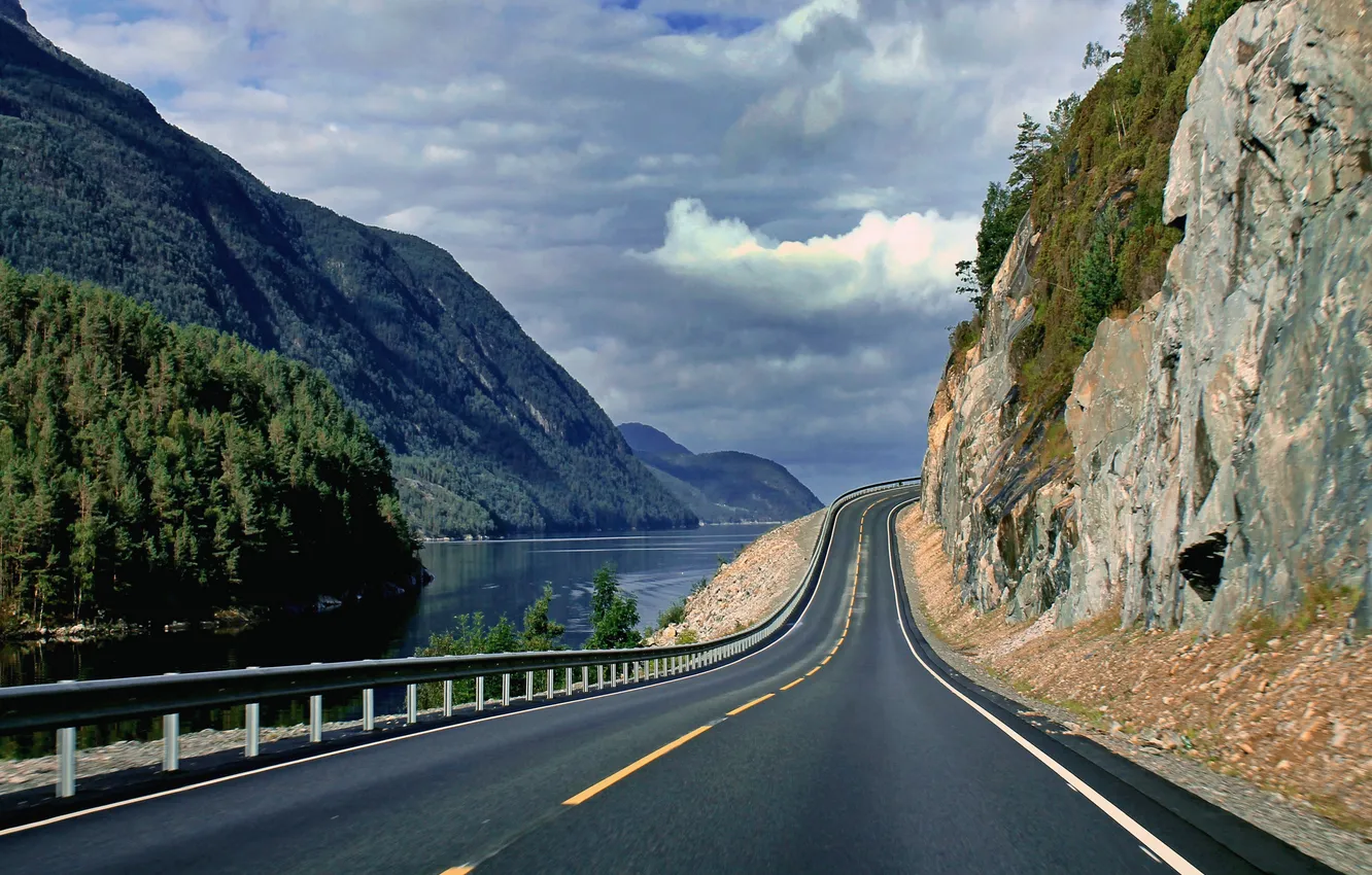 Photo wallpaper road, forest, the sky, clouds, trees, landscape, mountains, nature