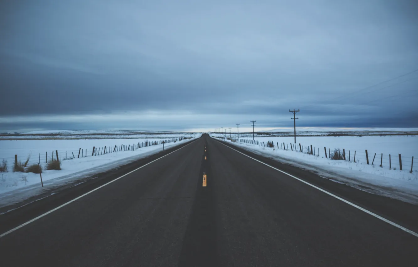 Photo wallpaper road, winter, clouds, snow, hills, fence, power line