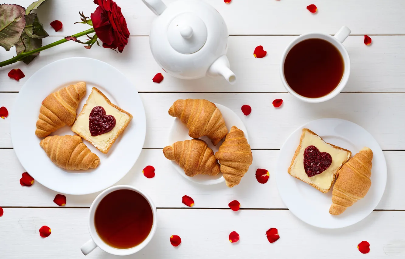 Photo wallpaper coffee, Breakfast, hearts, love, rose, heart, cup, romantic