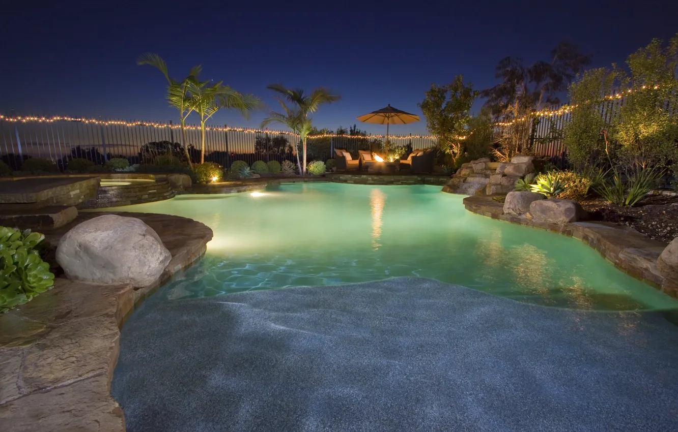 Photo wallpaper lights, palm trees, the evening, pool, the fire, chairs, table