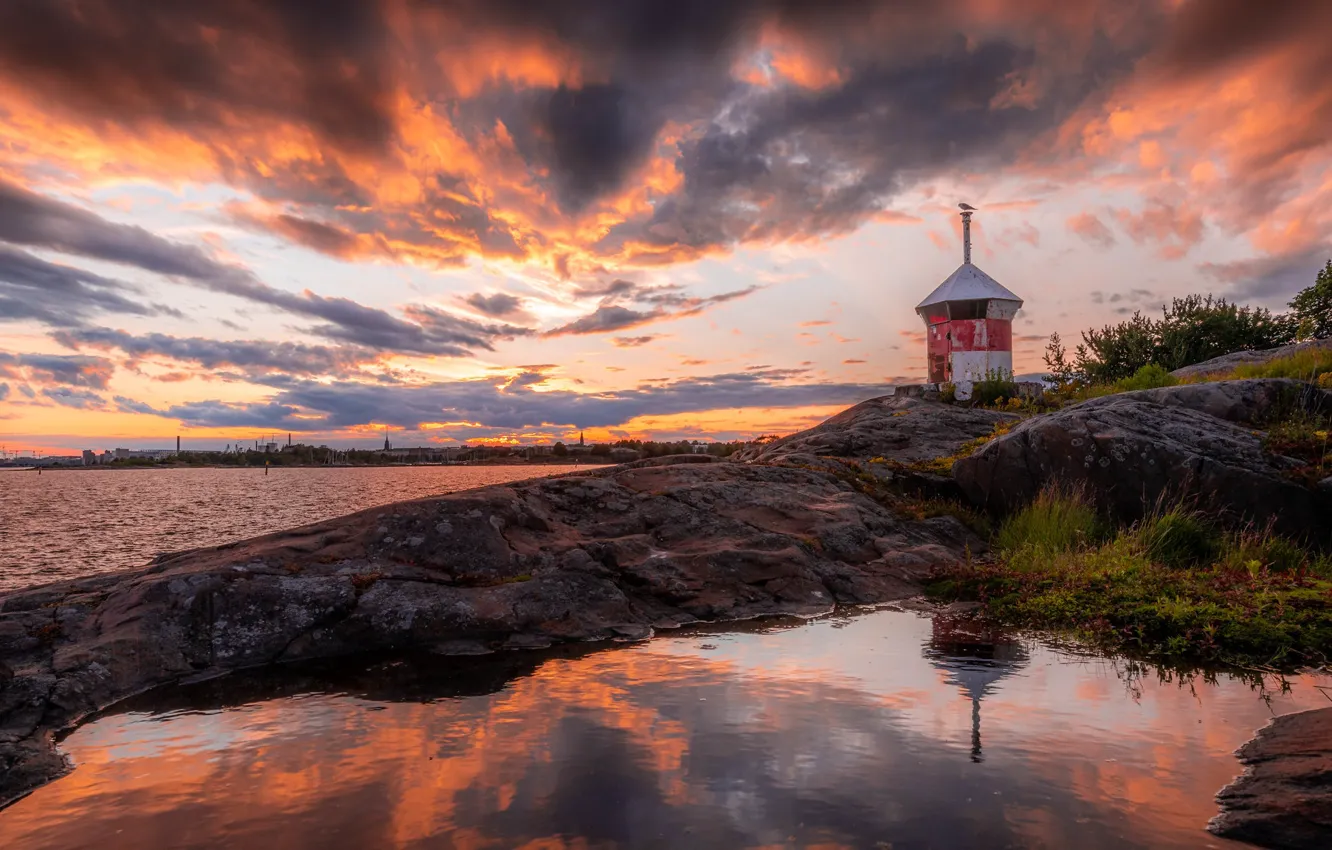 Photo wallpaper sea, the sky, clouds, sunset, reflection, stones, shore, lighthouse