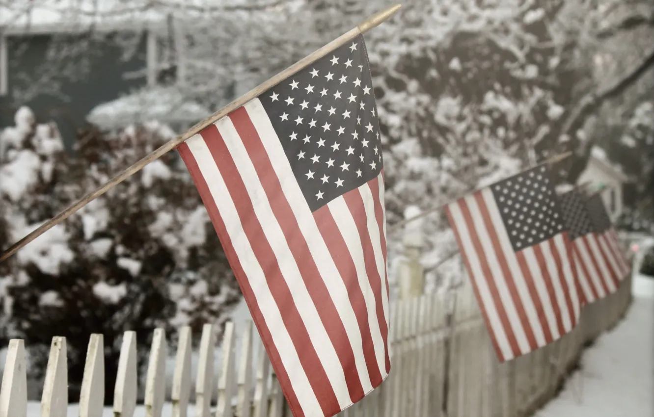 Photo wallpaper snow, Winter fence, American Flag