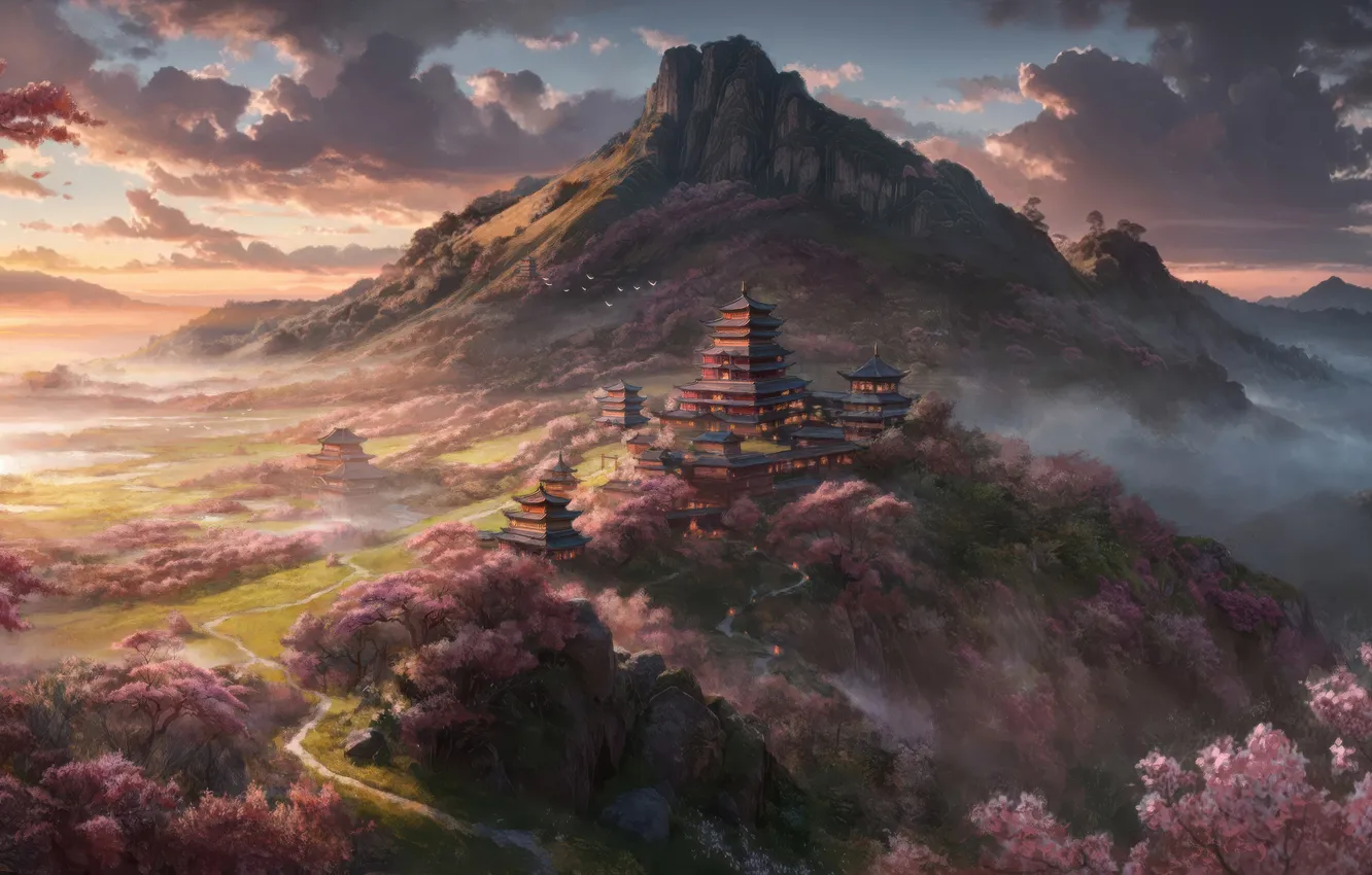 Photo wallpaper road, sunset, mountain, sakura, Asia, temple, bloom