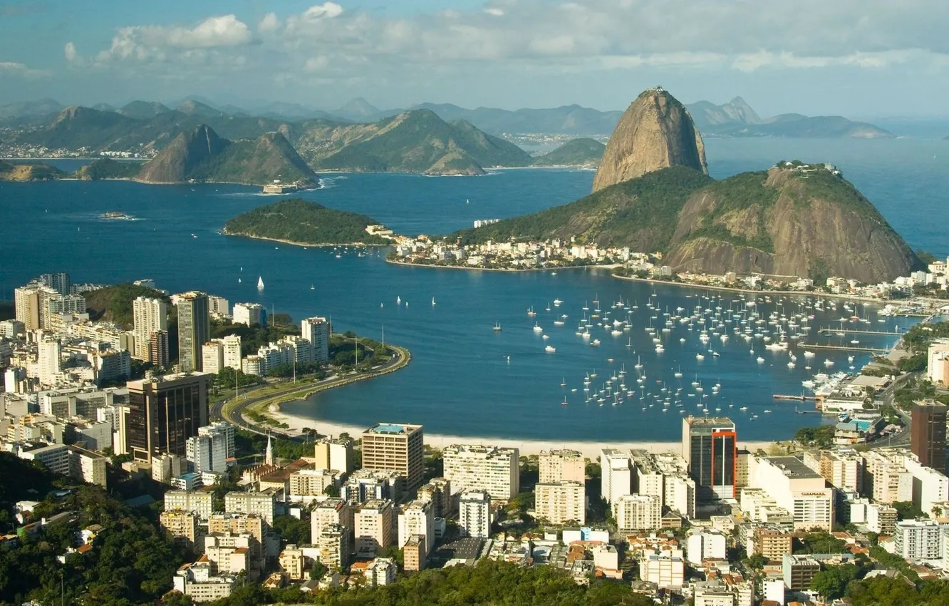 Photo wallpaper forest, the sky, clouds, mountains, boat, island, building, home