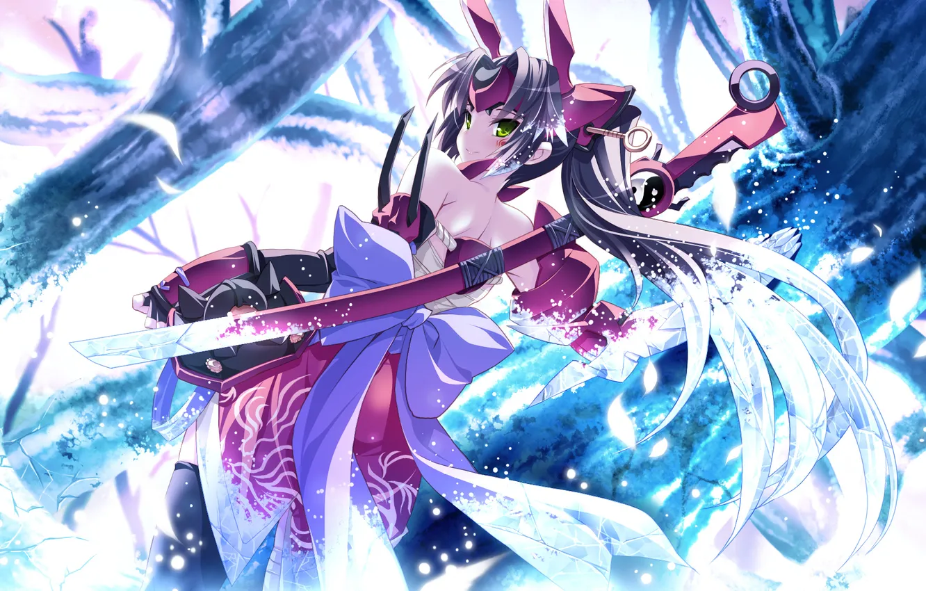 Photo wallpaper girl, trees, weapons, back, sword, symbol, Yin-Yang, kouyoku no soleil -vii's world-