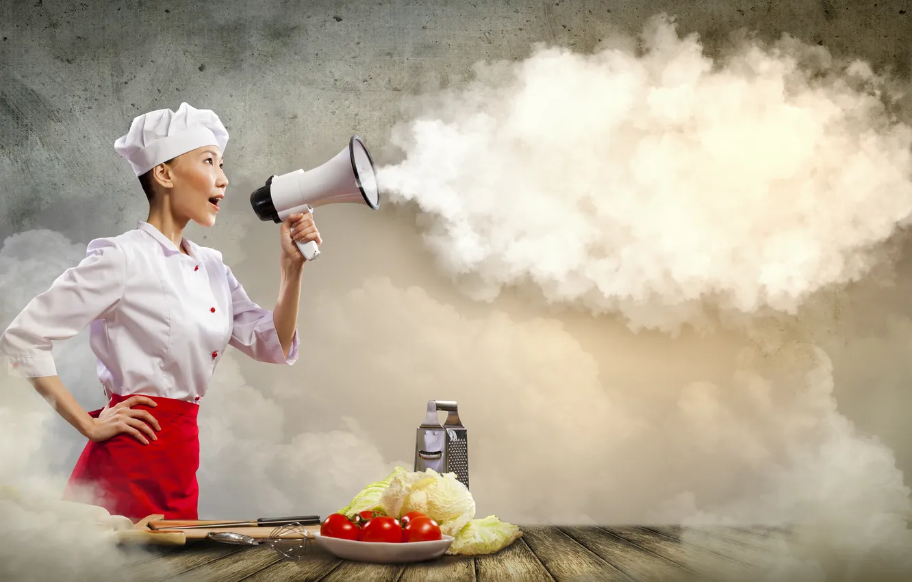 Photo wallpaper girl, creative, kitchen, cook, tomatoes, cabbage, cooking, mouthpiece