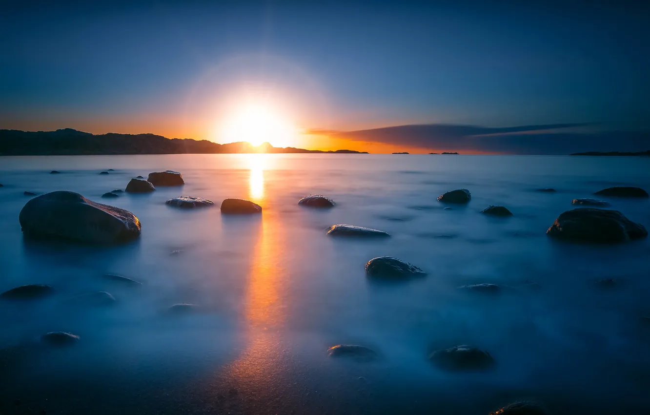 Photo wallpaper water, the sun, landscape, nature, stones, dawn, coast