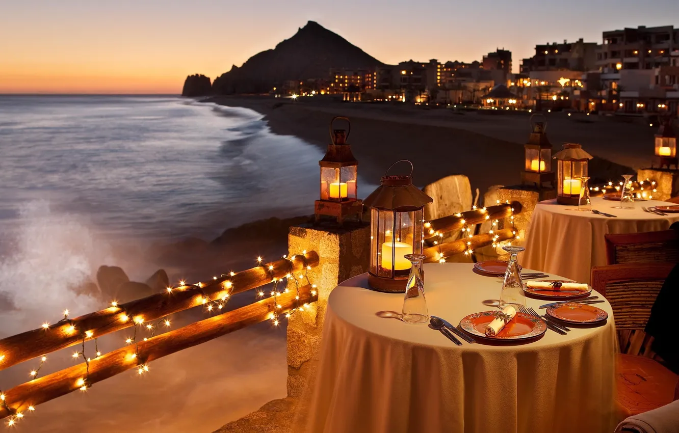 Photo wallpaper shore, the evening, restaurant, Beach, dinner, Candlelight, Dinner