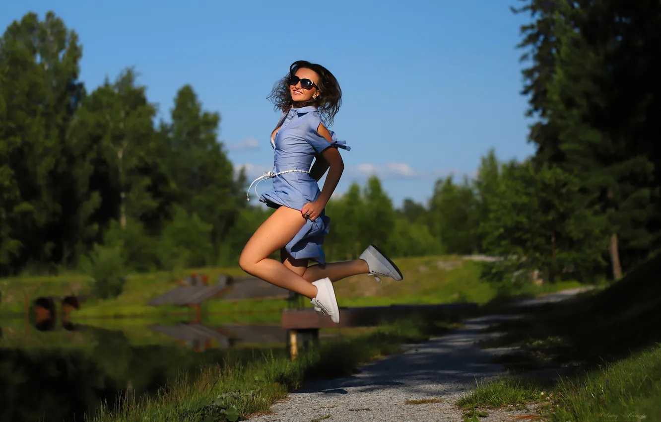 Photo wallpaper girl, sexy, smile, Wallpaper, sweetheart, model, bright, sneakers