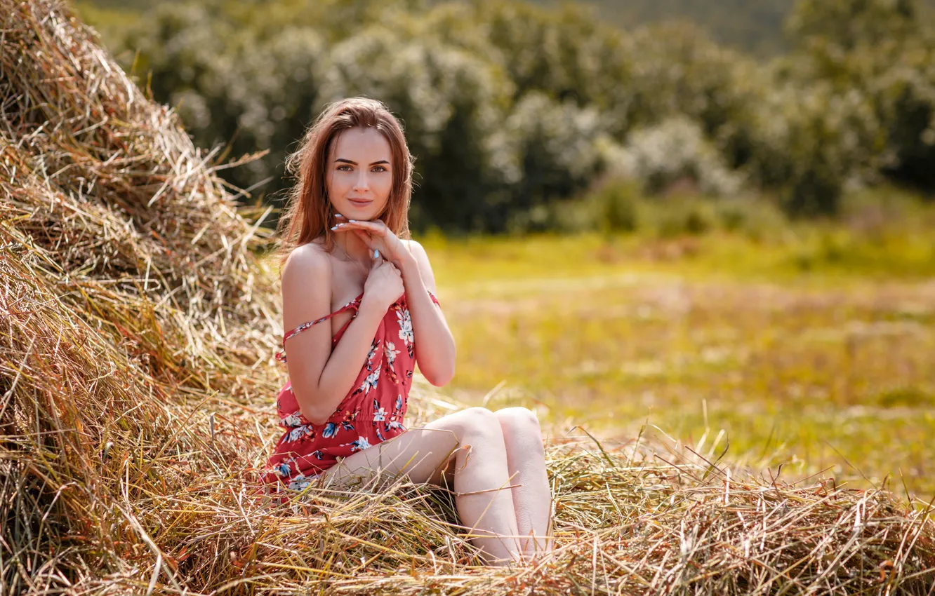 Photo wallpaper girl, smile, hay, Alexey Gilev