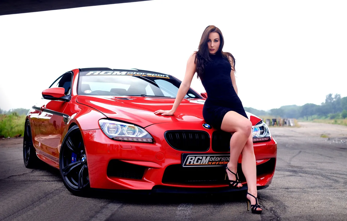 Photo wallpaper look, Girls, BMW, red car, on the hood, beautiful brunette, Christiane Romicke