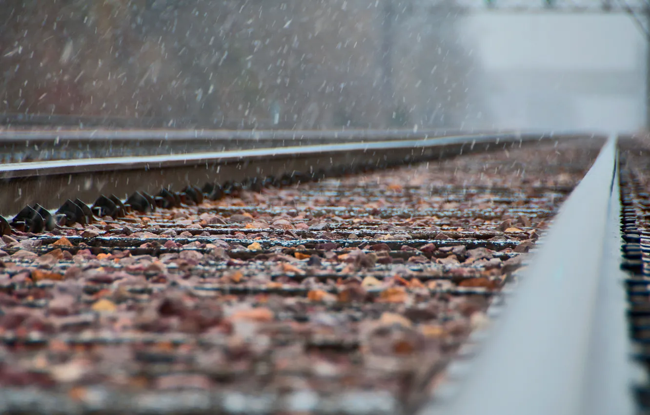 Photo wallpaper snow, metal, focus, railroad