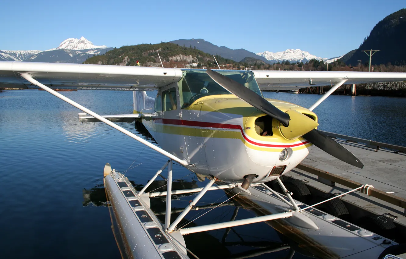 Photo wallpaper lake, pier, yellow lines, Hydroavion, Water Mirror
