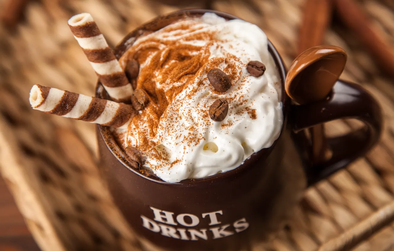 Photo wallpaper coffee, chocolate, cream, Cup, hot, cinnamon, cup, drink