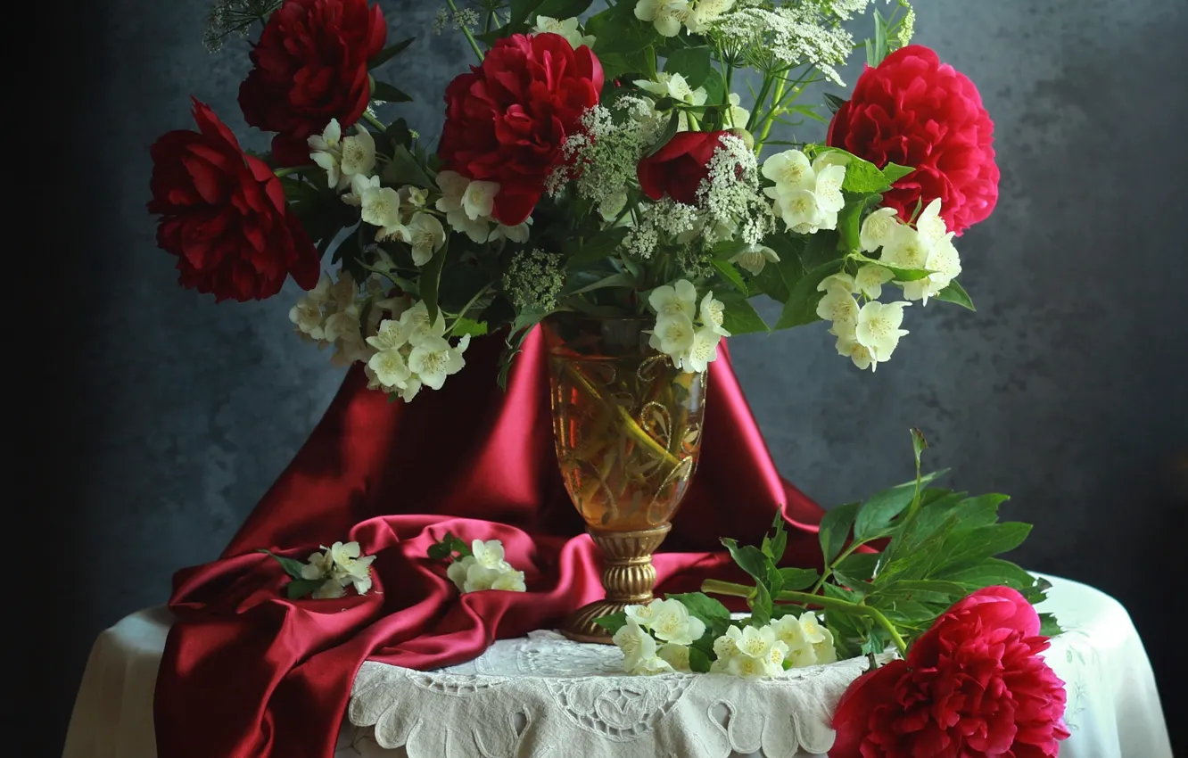Photo wallpaper flowers, branches, table, fabric, vase, tablecloth, napkin, peonies