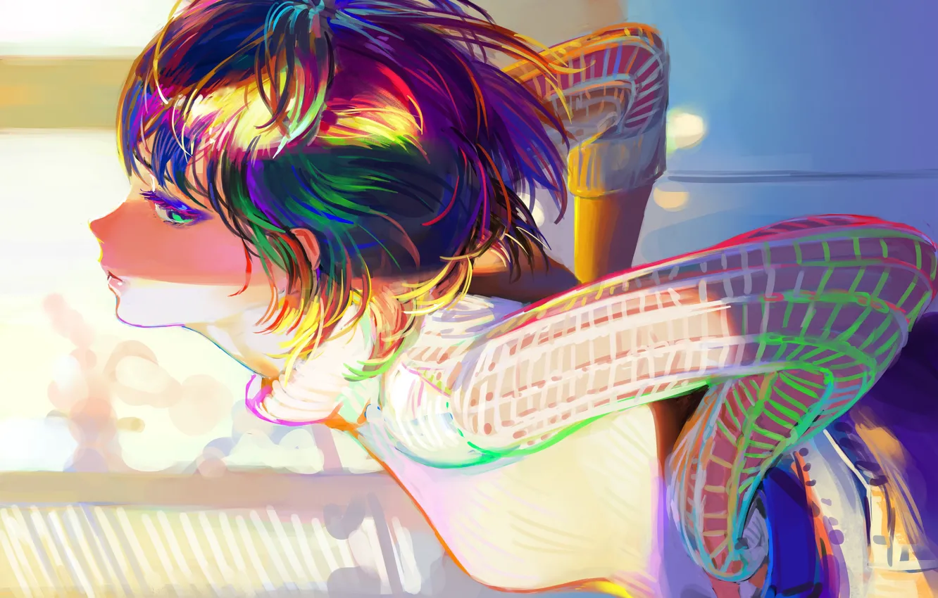 Photo wallpaper haircut, window, portrait of a girl, white sweater, he threw his head back