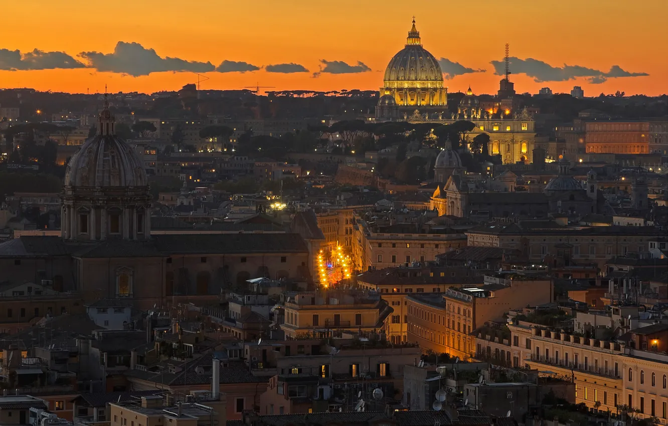 Photo wallpaper lights, the evening, Rome, Italy, panorama, St. Peter's Cathedral