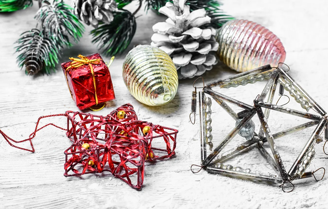 Photo wallpaper snow, decoration, balls, toy, new year, Christmas, Christmas, vintage