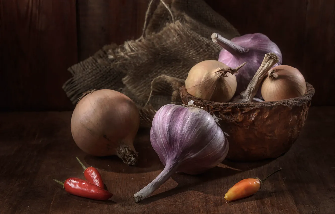 Photo wallpaper table, bow, pepper, bowl, still life, burlap, garlic