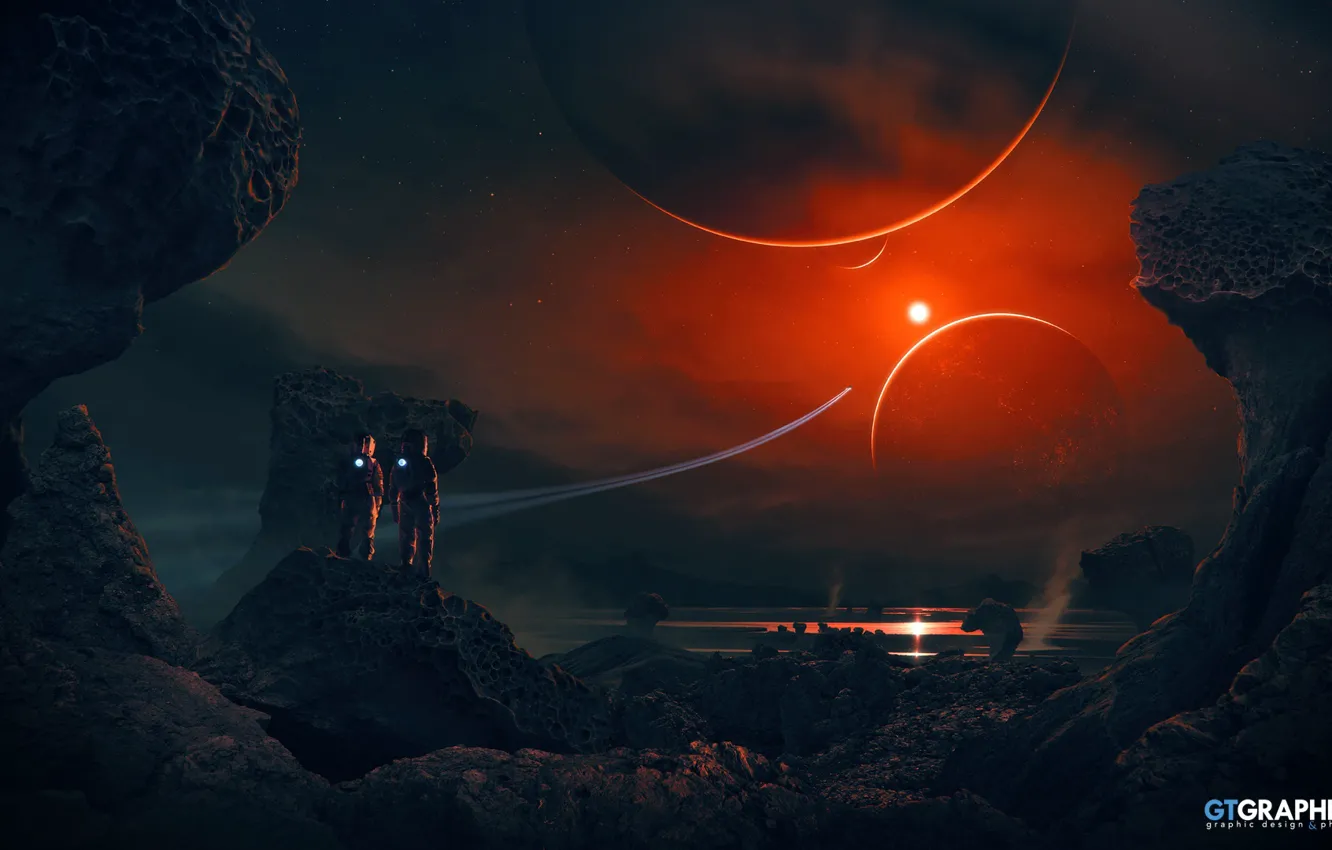 Photo wallpaper stars, planet, astronaut, trail in the sky, Trappist Explorer