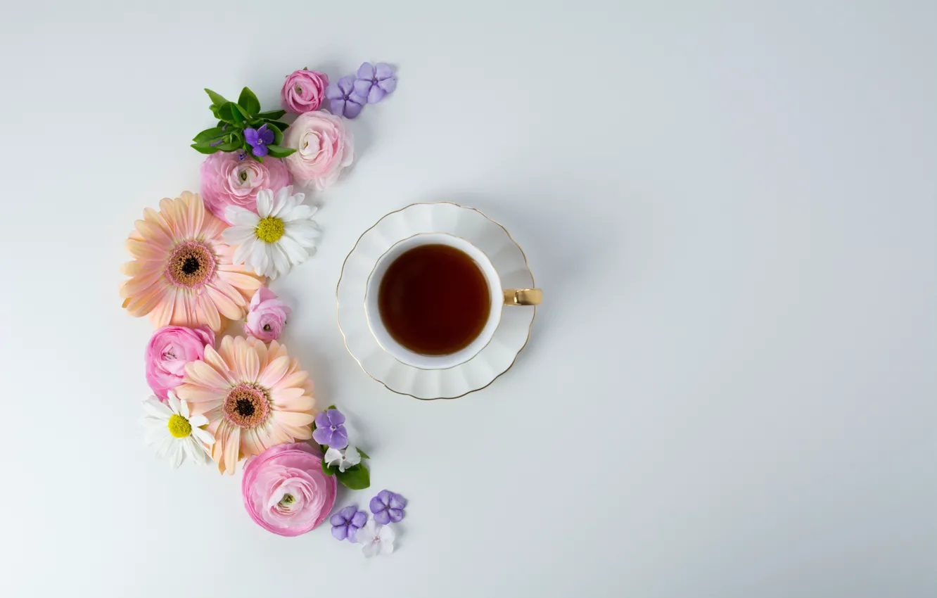 Photo wallpaper flowers, coffee, Cup, pink, flowers, cup, coffee, tender