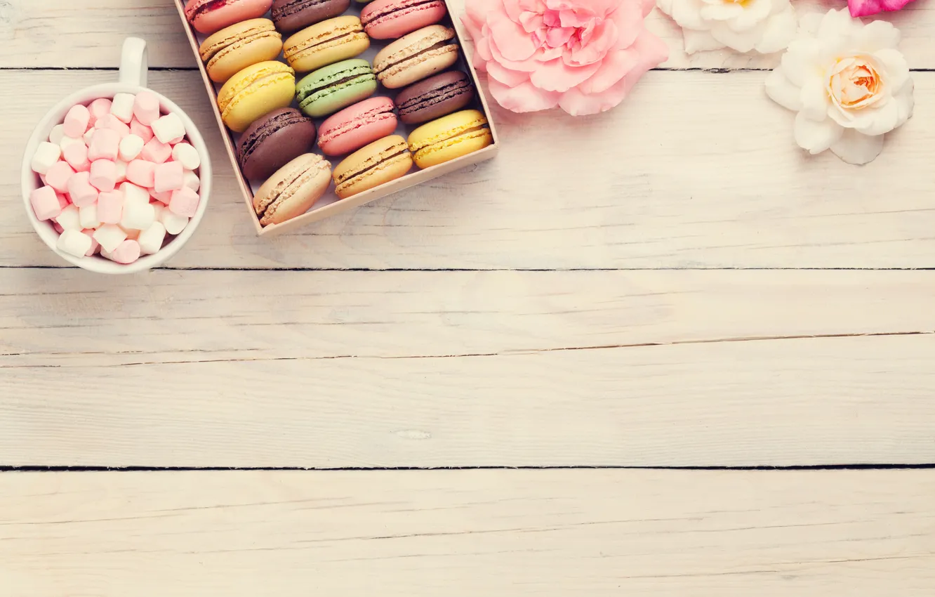 Photo wallpaper flowers, gift, colorful, wood, pink, flowers, macarons, gift box