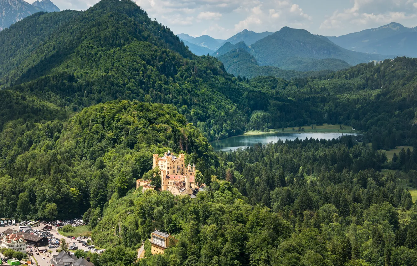 Photo wallpaper forest, mountains, lake, castle, Germany, Hohenschwangau, Hohenschwangau Castle