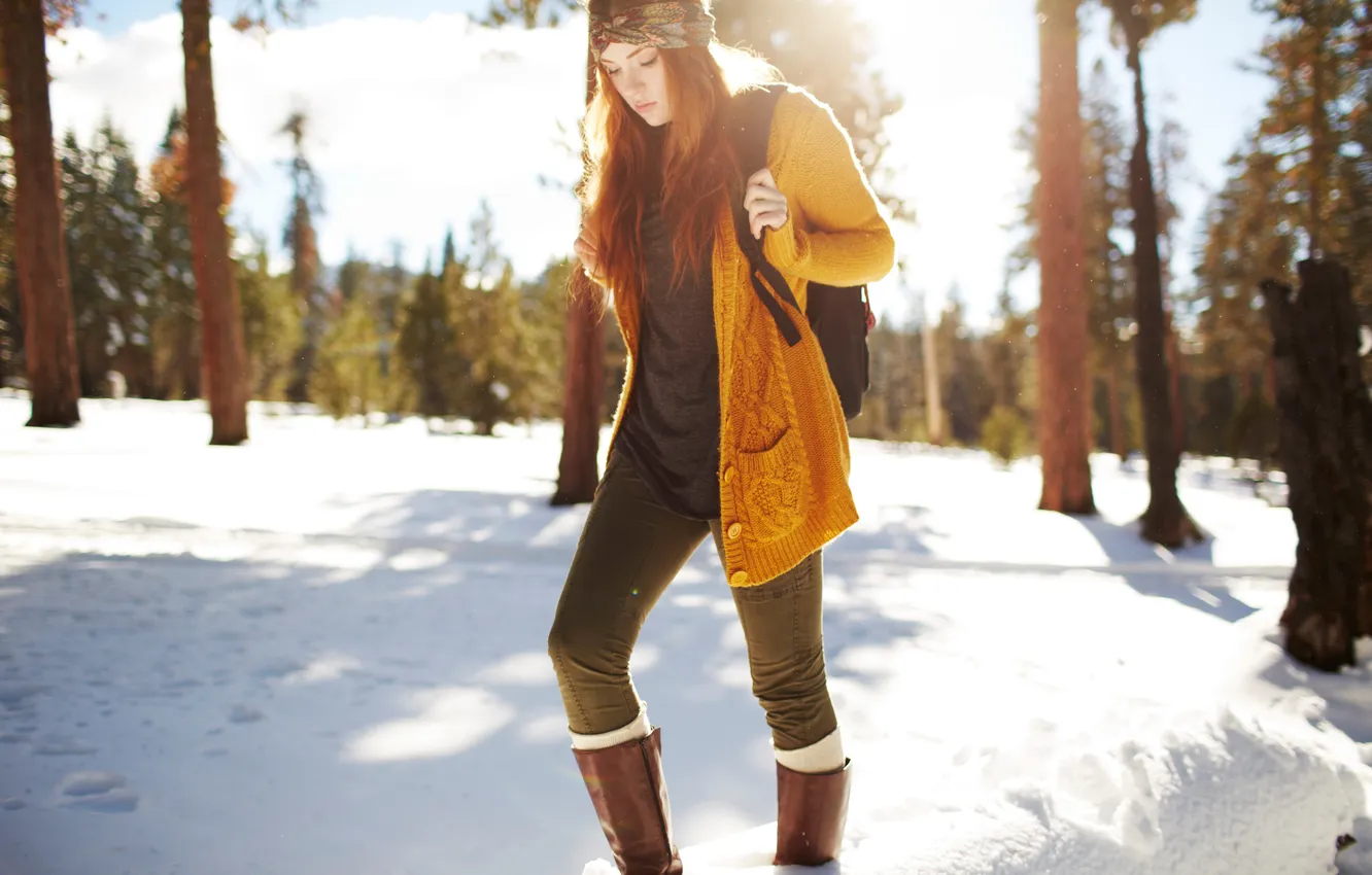 Photo wallpaper winter, forest, girl, snow, redhead, Danielle