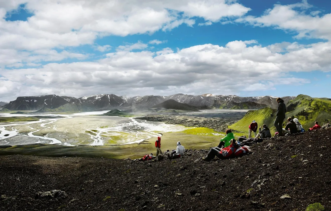 Photo wallpaper the sky, landscape, mountains, river, people, hike, climber, halt