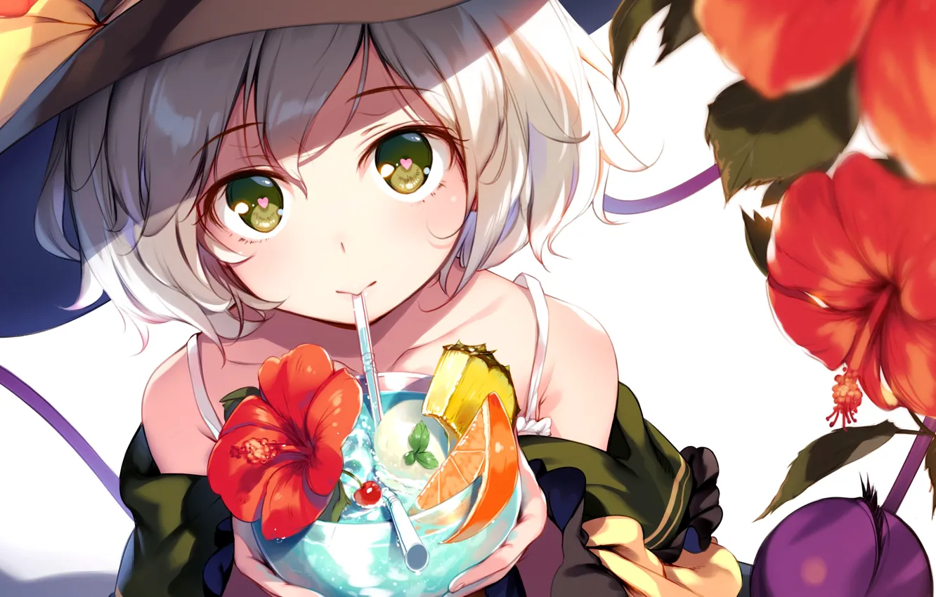 Photo wallpaper face, hat, cocktail, tube, green eyes, red flowers, Touhou Project, Project East