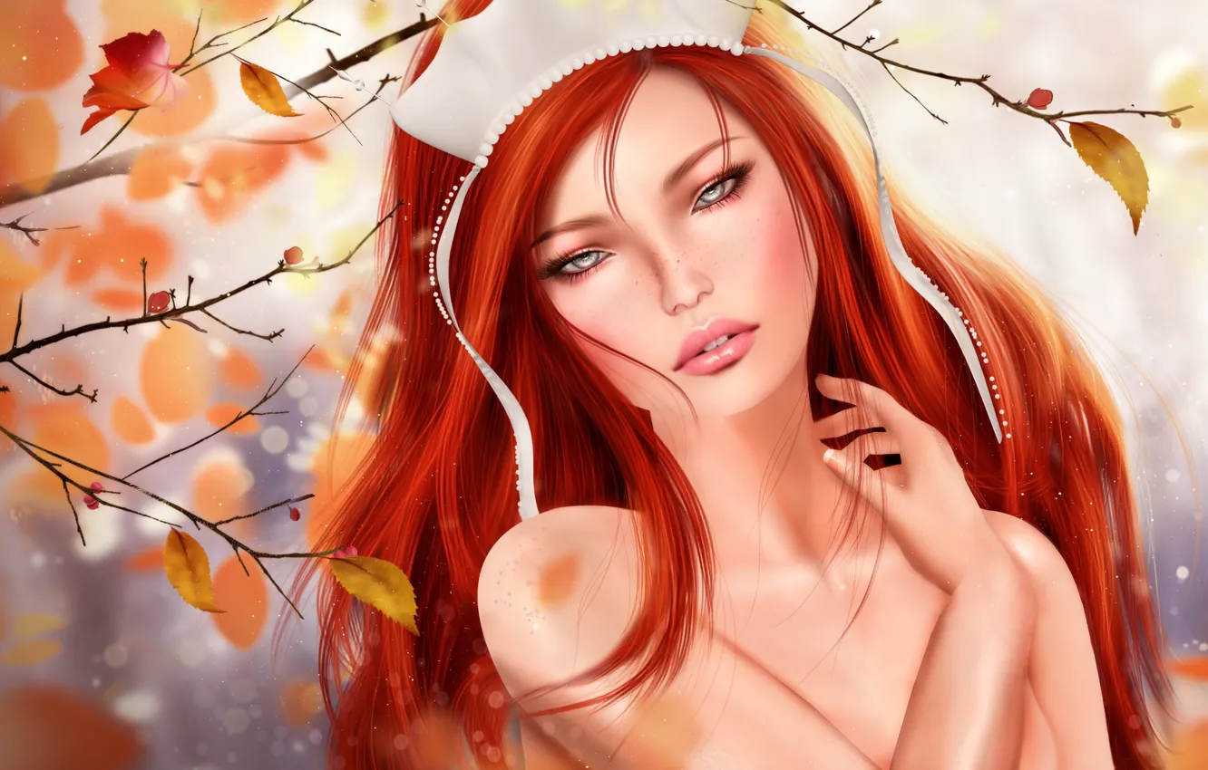 Photo wallpaper autumn, leaves, girl, red