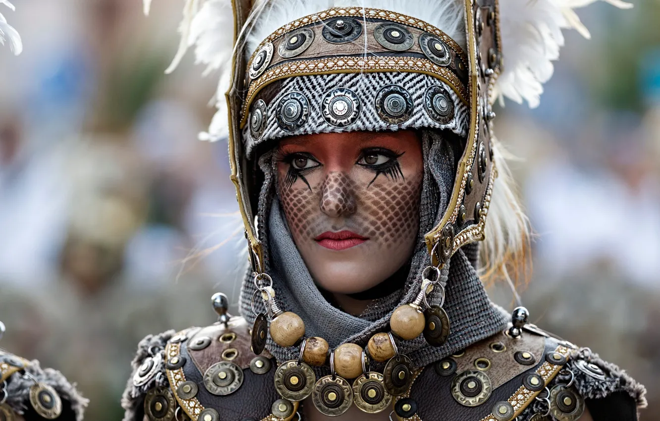 Photo wallpaper look, girl, metal, face, eyelashes, style, portrait, feathers