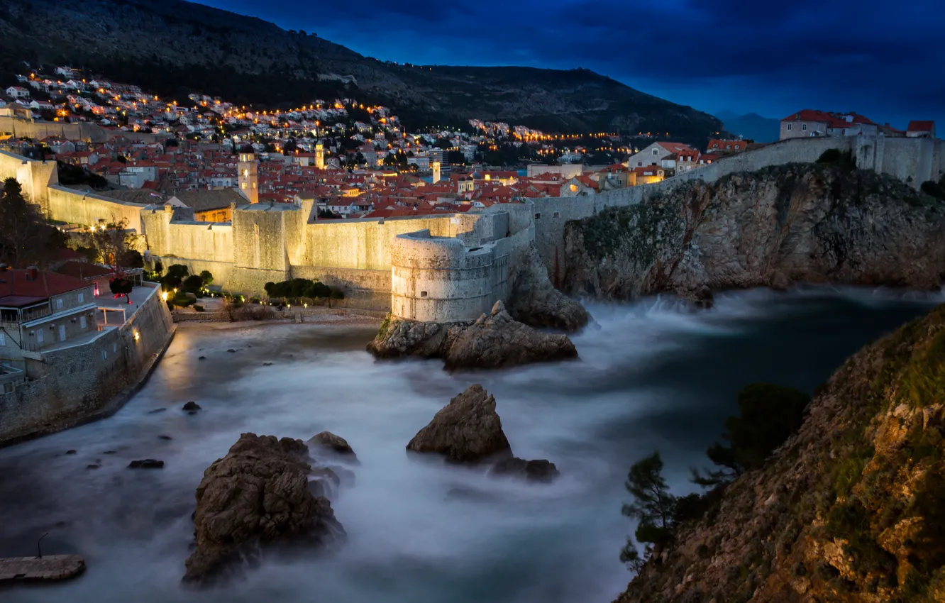 Photo wallpaper sea, mountains, night, lights, rocks, home, fortress, Croatia