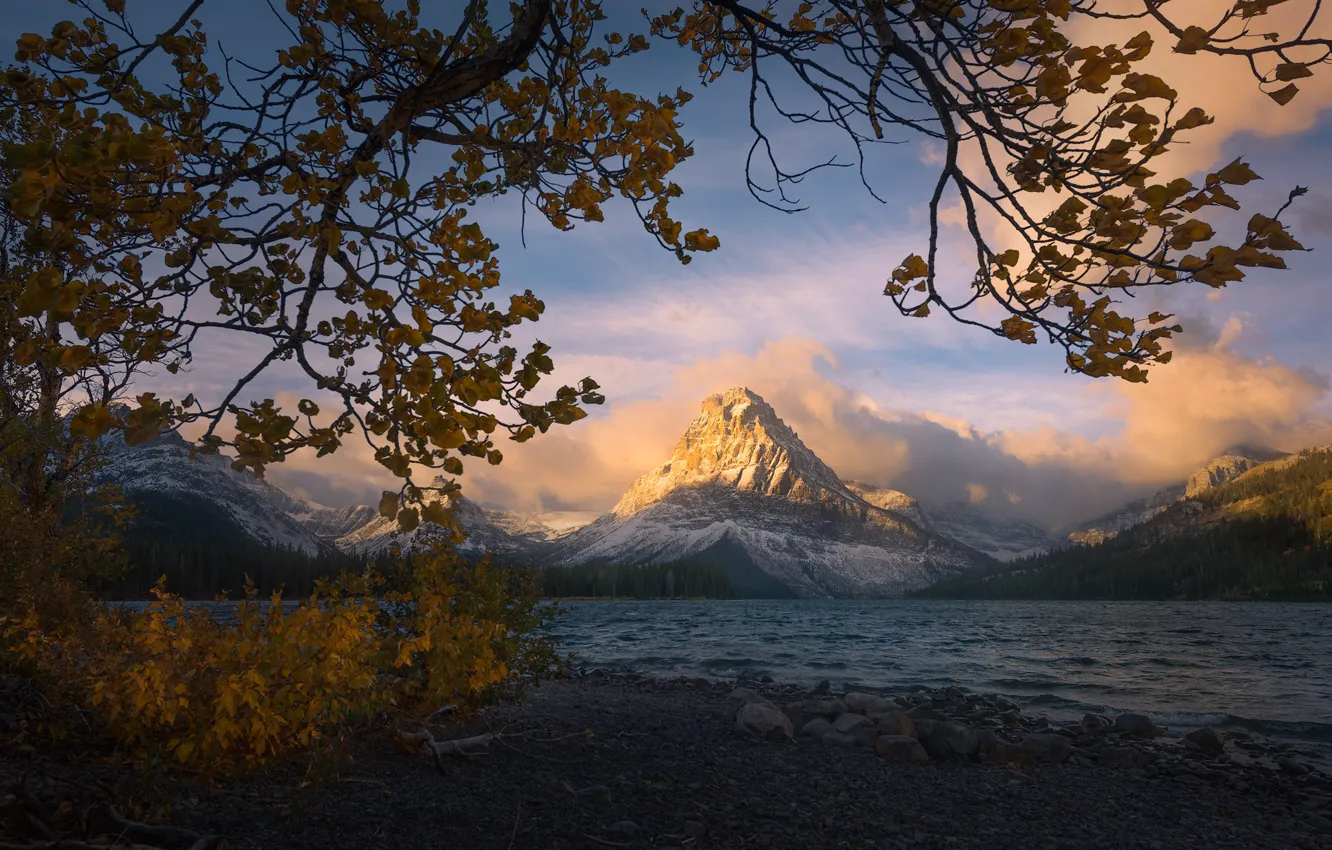 Photo wallpaper autumn, snow, trees, mountains, branches, stones, foliage, pond