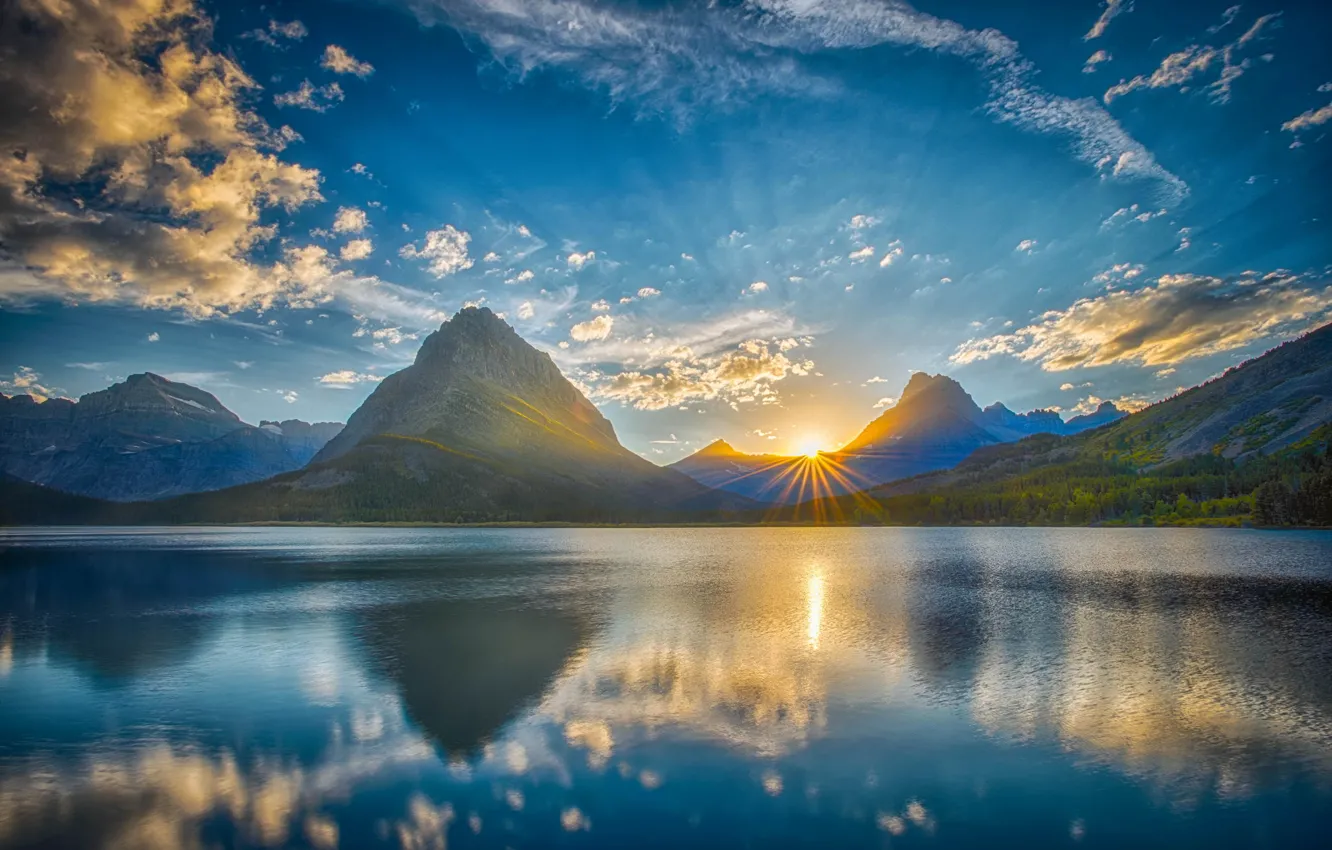 Photo wallpaper the sky, the sun, clouds, landscape, mountains, nature, lake, sunlight