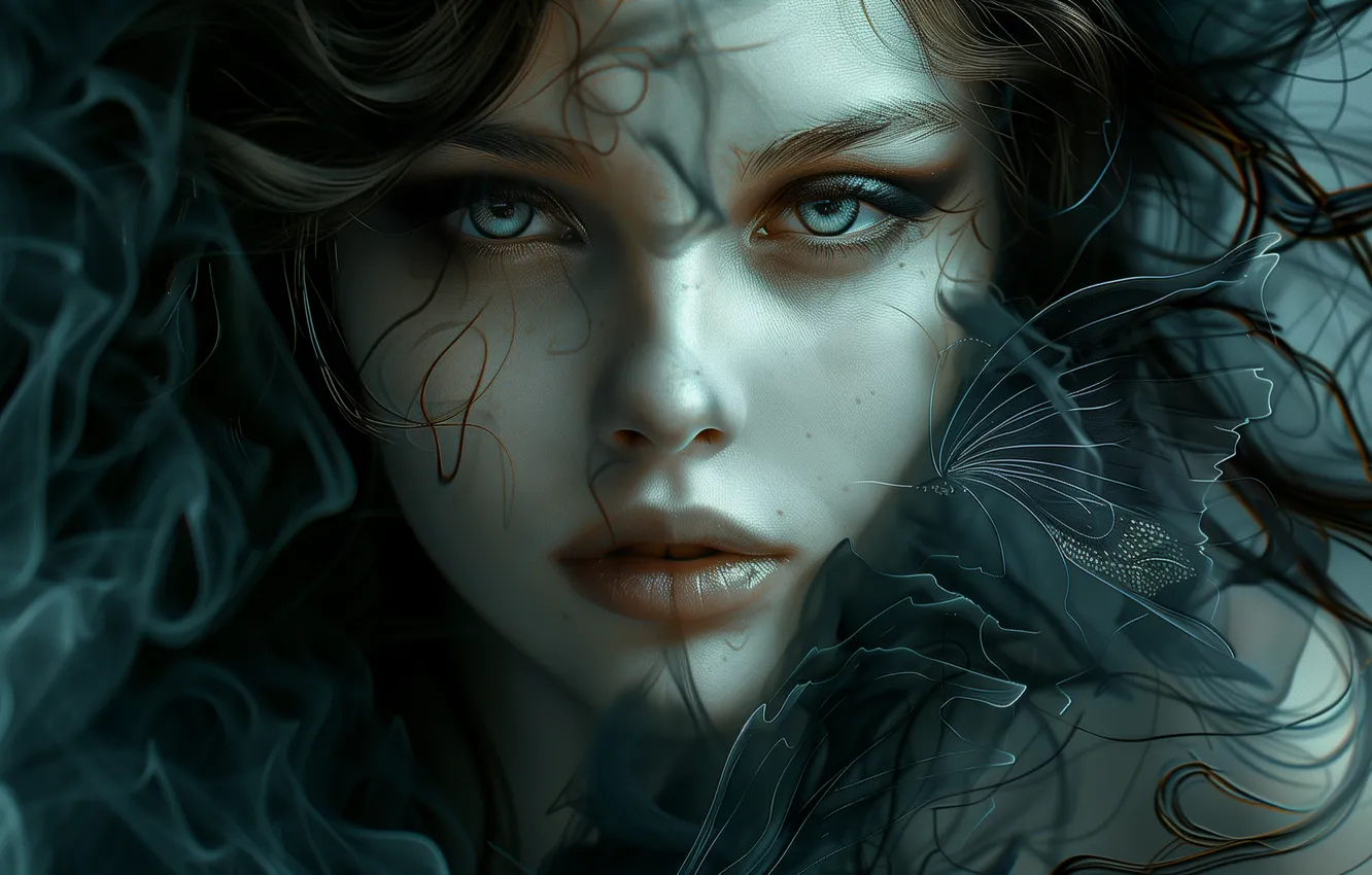 Photo wallpaper girl, light, line, face, pose, style, butterfly, smoke