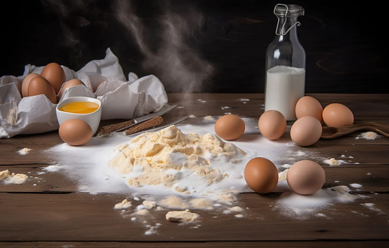 Photo wallpaper table, Board, bottle, eggs, milk, knife, placer, tray