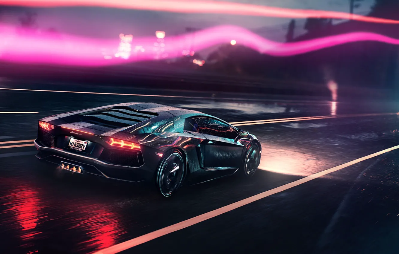 Photo wallpaper Auto, Road, Lamborghini, Neon, Machine, Background, Supercar, Electronic