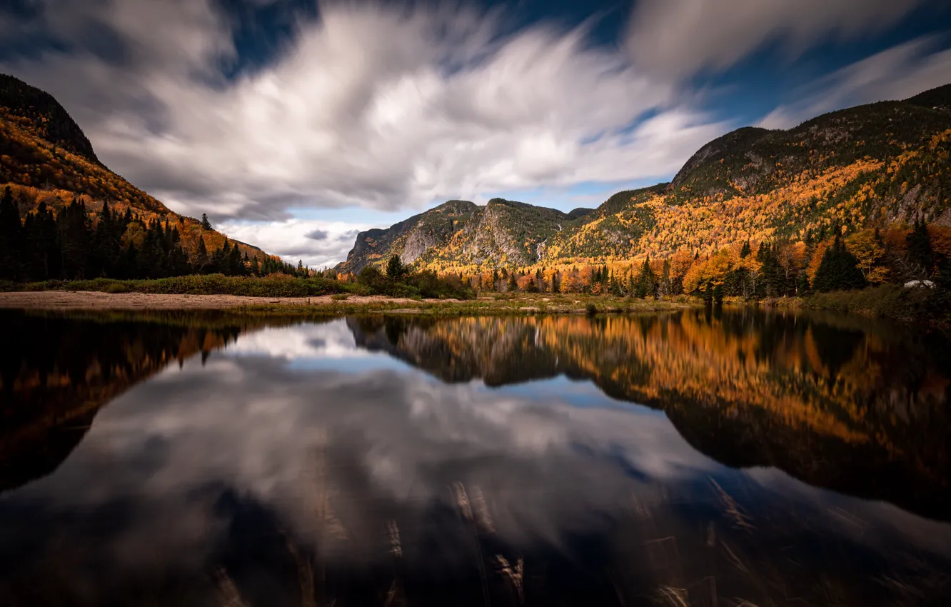 Photo wallpaper autumn, forest, mountains, reflection, river, Canada, Canada, Quebec