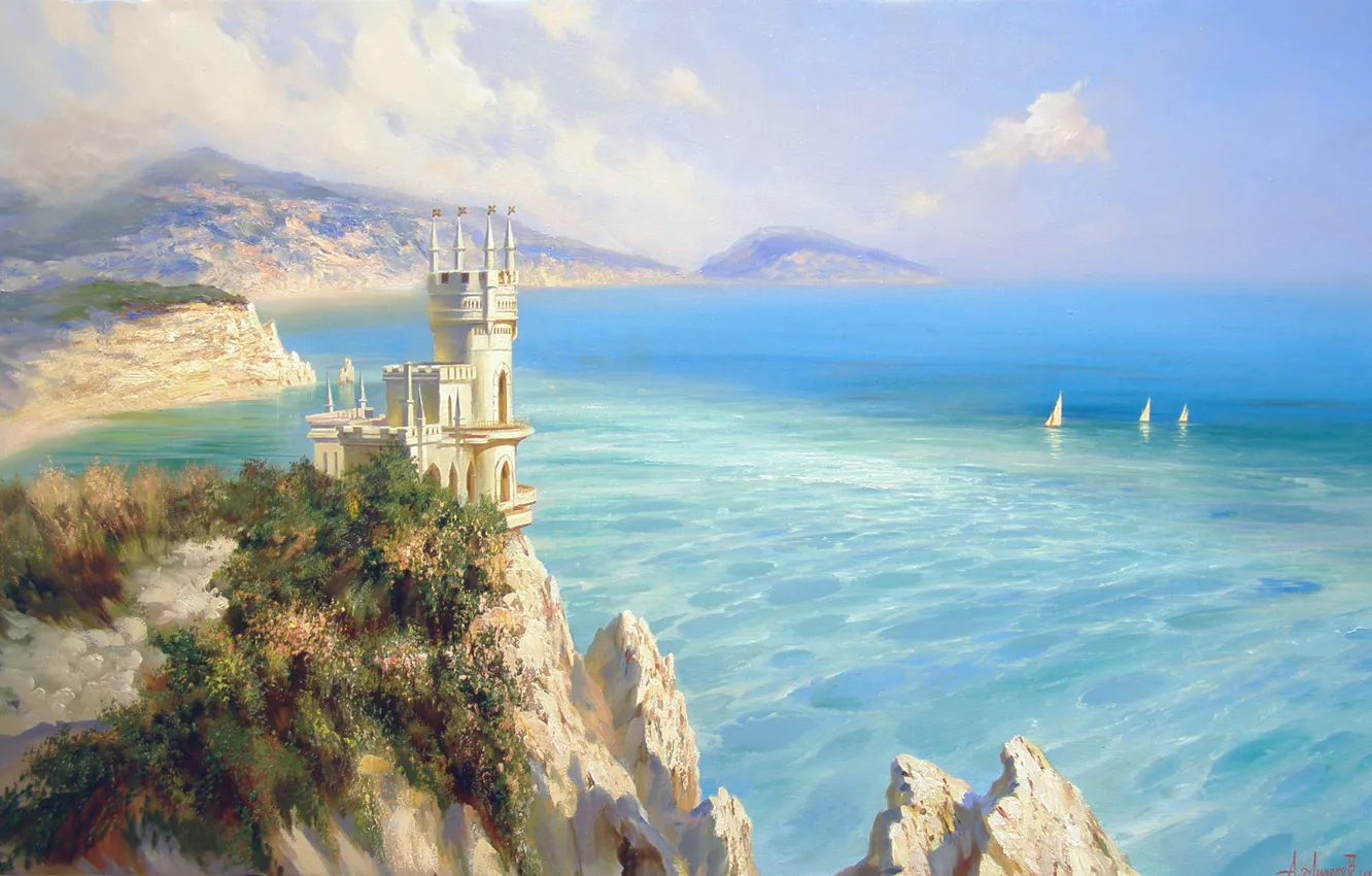Photo wallpaper sea, landscape, mountains, castle, rocks, blue, beauty, space