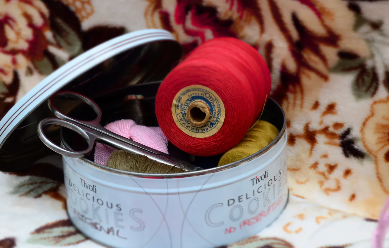 Photo wallpaper macro, box, thread, scissors, red, sewing