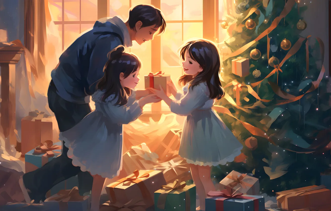 Photo wallpaper joy, gift, tree, new year, Christmas, girl, male, three