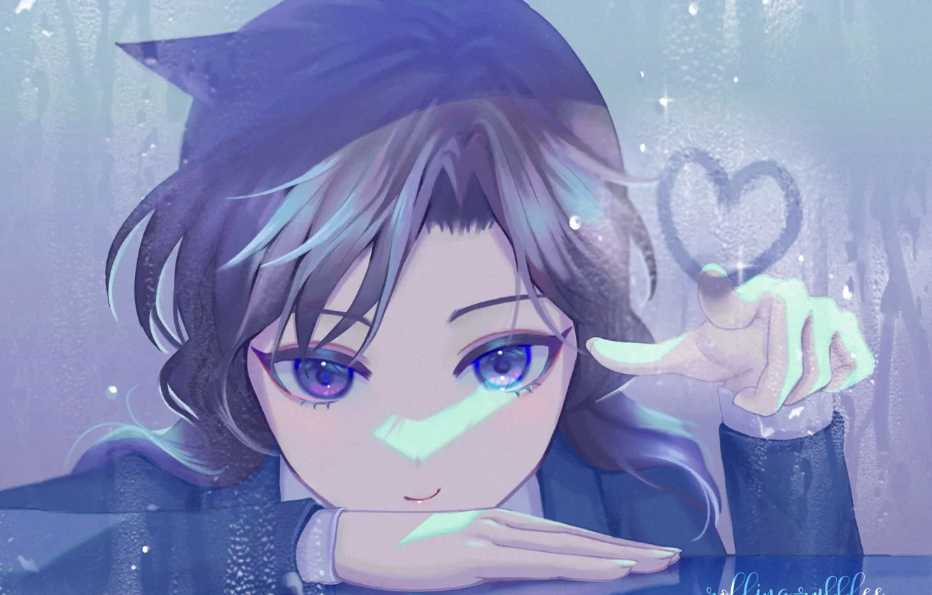 Photo wallpaper glass, girl, drops, hearts, Detective Conan, Ran Mouri
