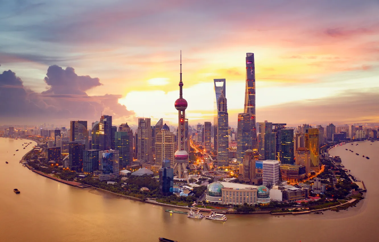 Photo wallpaper sunset, river, China, building, tower, home, China, Shanghai