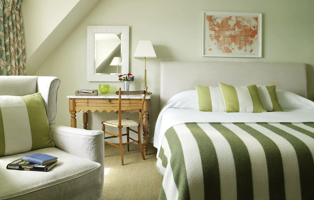 Photo wallpaper green, strip, bed, book, bedroom