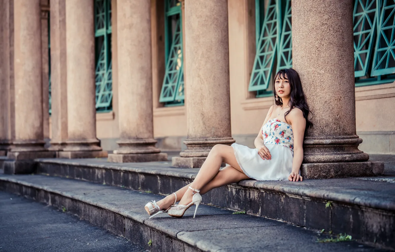 Photo wallpaper dress, brunette, steps, legs, Asian, sitting