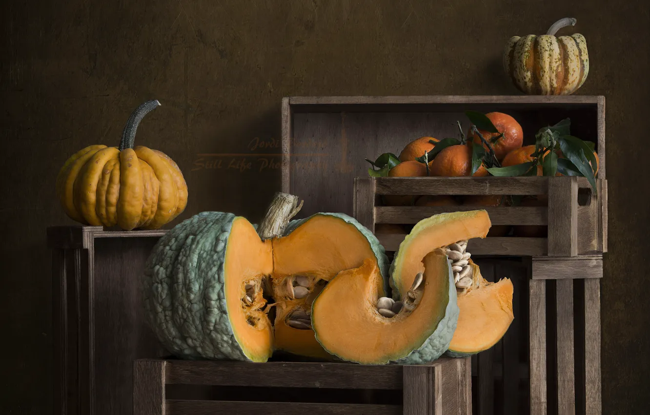 Photo wallpaper pumpkin, box, tangerines
